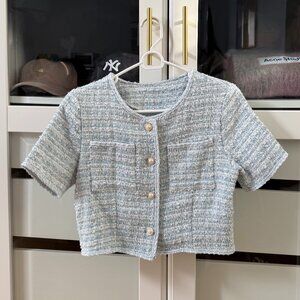 Korean Fashion Light Blue Tweed Short Sleeve Jacket - One Size